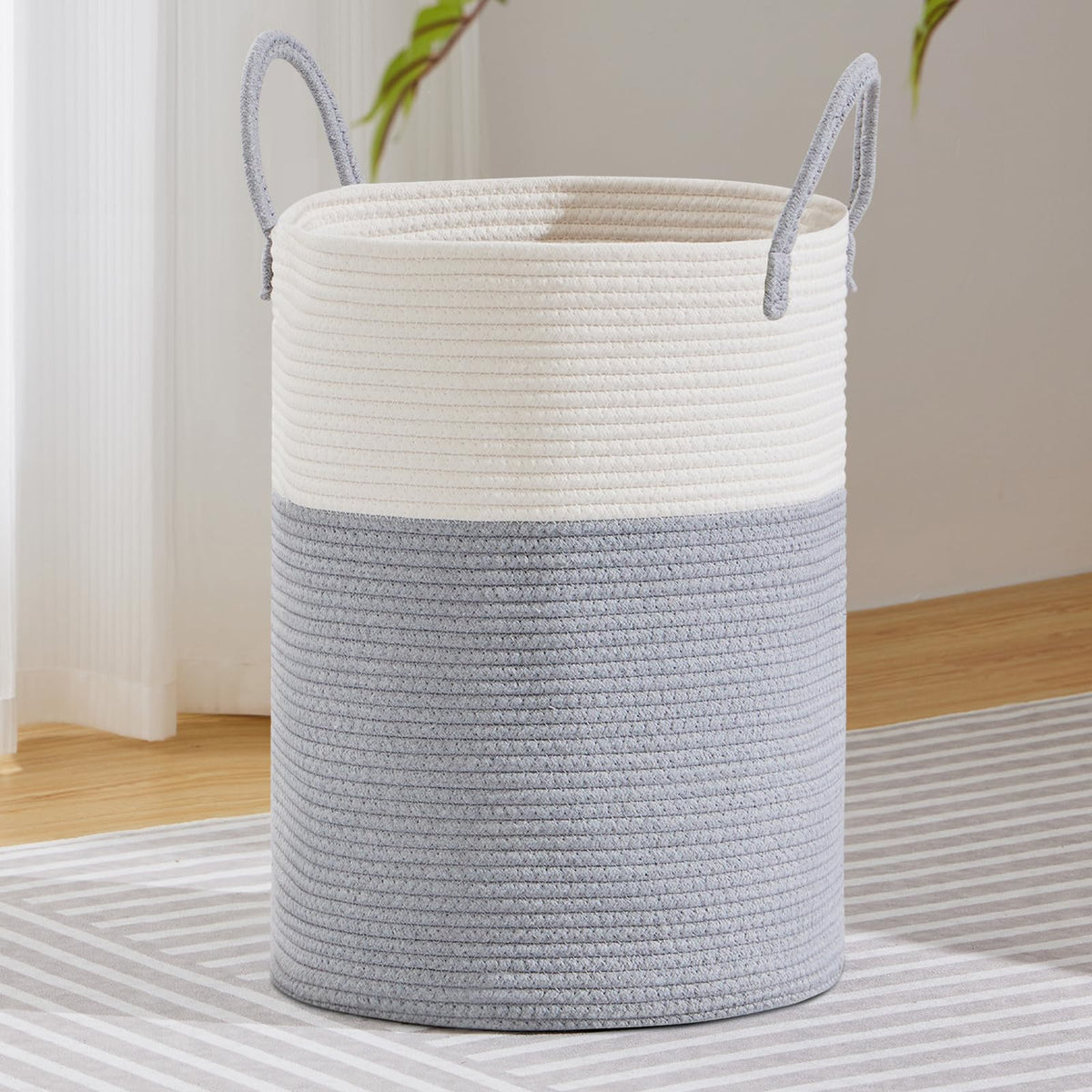 VIPOSCO 58L Tall Woven Laundry Basket Hamper, White Brown