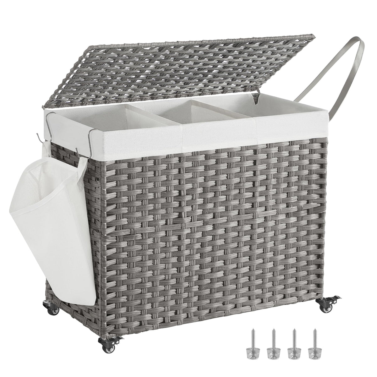 SONGMICS Rolling Laundry Hamper with Lid, 160 L 3-Section Synthetic Rattan