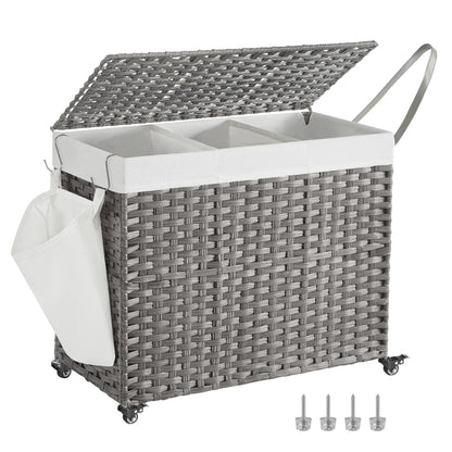 SONGMICS Rolling Laundry Hamper with Lid, 160 L 3-Section Synthetic Rattan