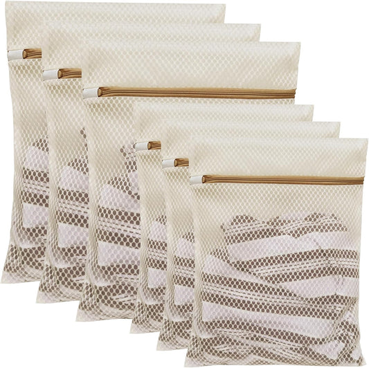 6Pcs Durable Honeycomb Mesh Laundry Bags for Delicates (3L 3M) Beige