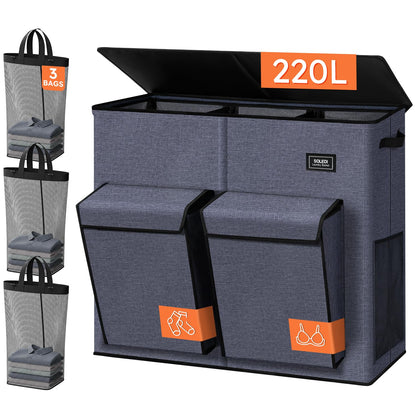 SOLEDI 220L Laundry Hamper 3 Section with Lid and 2 Side Pockets