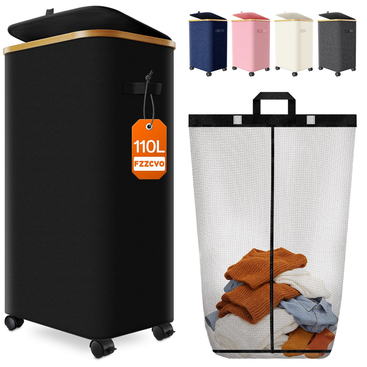Double Laundry Basket with Wheels and Lid, 150L Clothes Hampers for Laundry