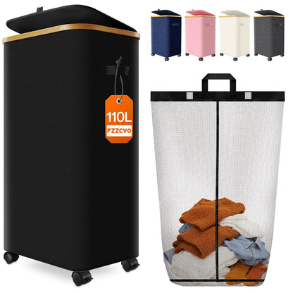 Double Laundry Basket with Wheels and Lid, 150L Clothes Hampers for Laundry