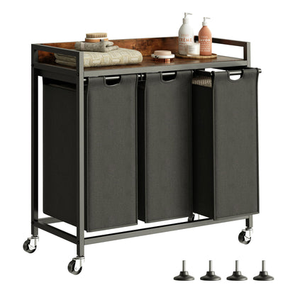 Herture Laundry Hamper with Shelf, Laundry Basket 4 Section, Laundry Sorter with Pull-Out Removable Large 4 Color Bags and Movable Wheels, Metal Frame, 4 x 15.87 Gallons (60L), Rustic Brown PF07XLN