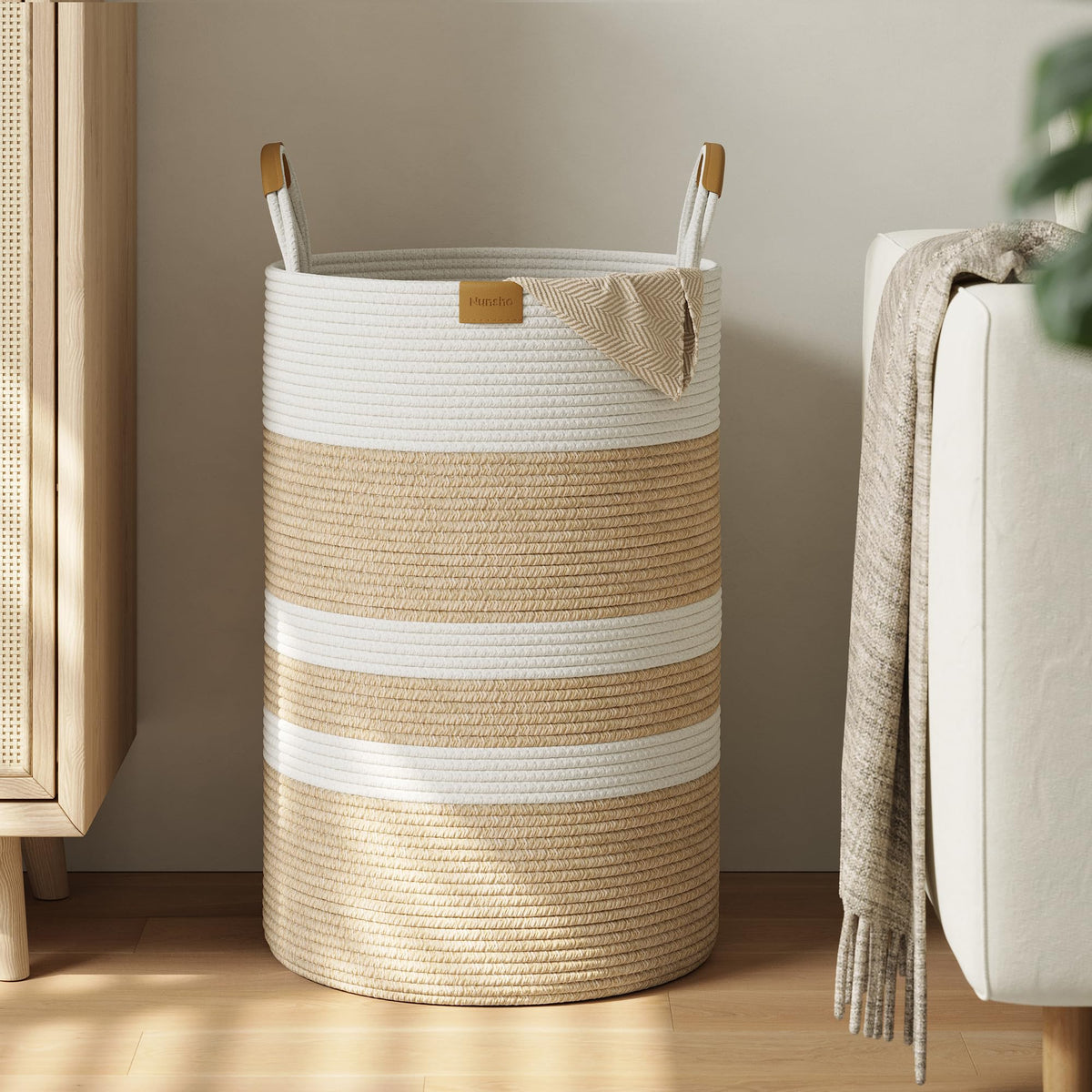 Nunsino 95L Striped Laundry Hamper with Leather Handles,Large Foldable Laundry Basket for Clothes,Cotton Rope Storage Bin for Blankets,Woven Clothes Basket for Bedroom,Dark Brown Stripes