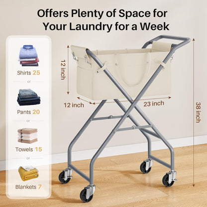 No-Bend Laundry Cart Rolling Hamper with Locking Wheels & Handle, Foldable Basket Screw-Free Assembly, Durable Metal Frame & Removable Liner Bag for Bedroom & Bathroom (Beige)