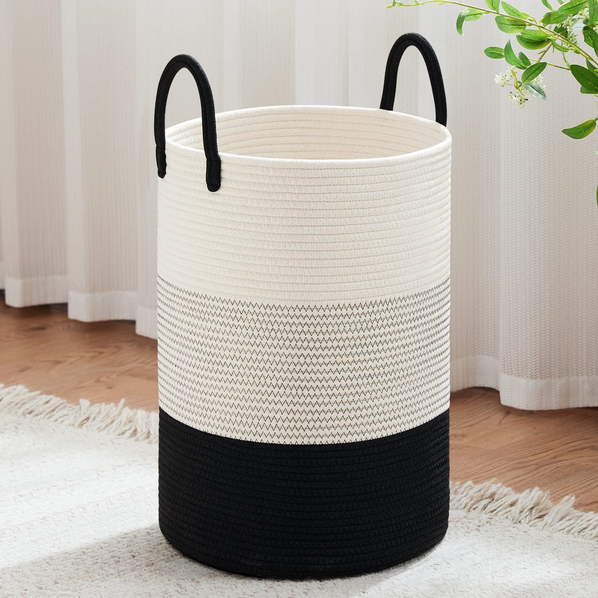 VIPOSCO 58L Tall Woven Laundry Basket Hamper, White Brown