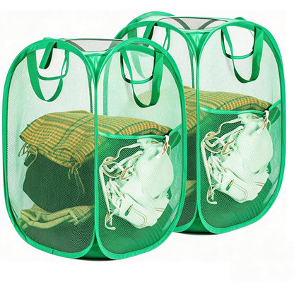 HOUSE AGAIN 2 Pack Strong Mesh Pop Up Laundry Hamper, 70L Collapsible Laundry Basket with Steel Frame, Double‑Stitched Handles & Side Pocket, Foldable Dirty Clothes Hamper for Dorm, Bedroom, Black