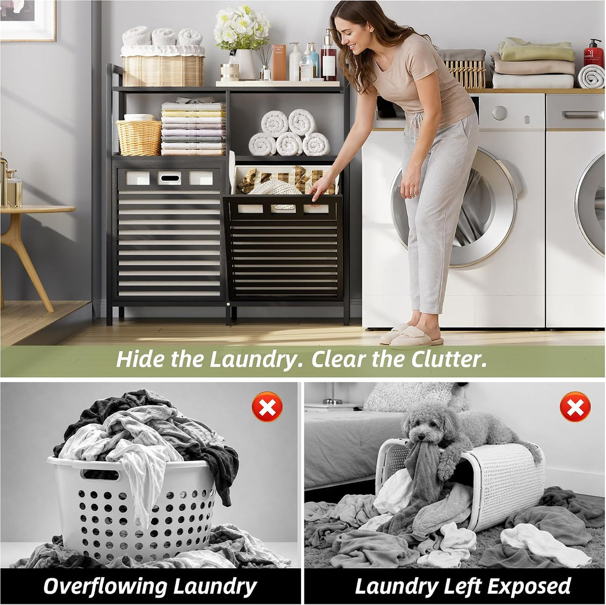 32 Gal Bamboo Tilt Out Laundry Hamper Cabinet with 2 Bag, Black