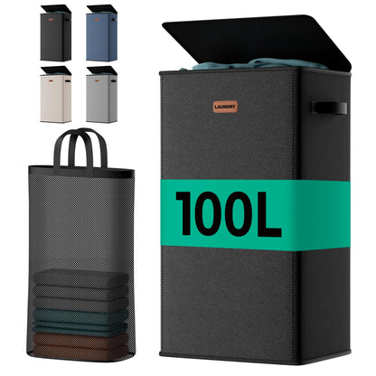 150L Double Laundry Hamper with Lid – 2-Section Clothes Hamper with Removable Bag for Bathroom, Bedroom, Laundry Room & Dorm