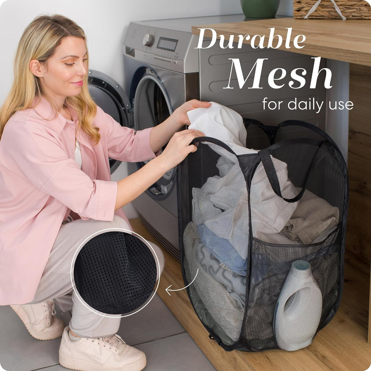 Handy Laundry Mesh Pop-Up Hamper Collapsible with Side Pocket 2-Pack