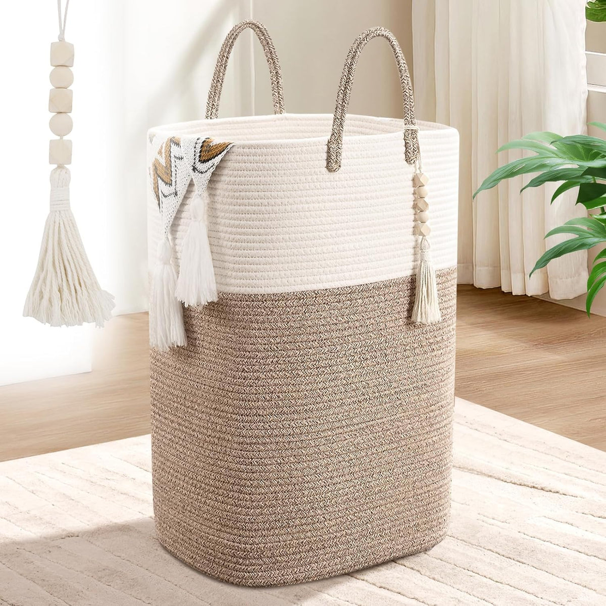 65L Woven Laundry Basket for Clothes, Large Rectangle Laundry Hampers with Beads Tassel, Nursery Storage Basket for Toys, Tall Dirty Clothes Hamper for Bedroom Aesthetic, Laundry Room Organization