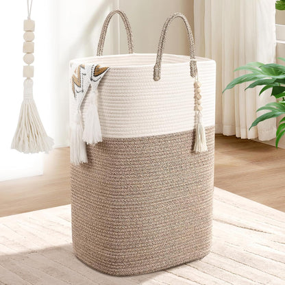 65L Woven Laundry Basket for Clothes, Large Rectangle Laundry Hampers with Beads Tassel, Nursery Storage Basket for Toys, Tall Dirty Clothes Hamper for Bedroom Aesthetic, Laundry Room Organization