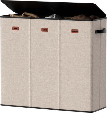 Laundry hamper 3 Section, XL Clothes Hamper with Lid & Inner Bag, Black