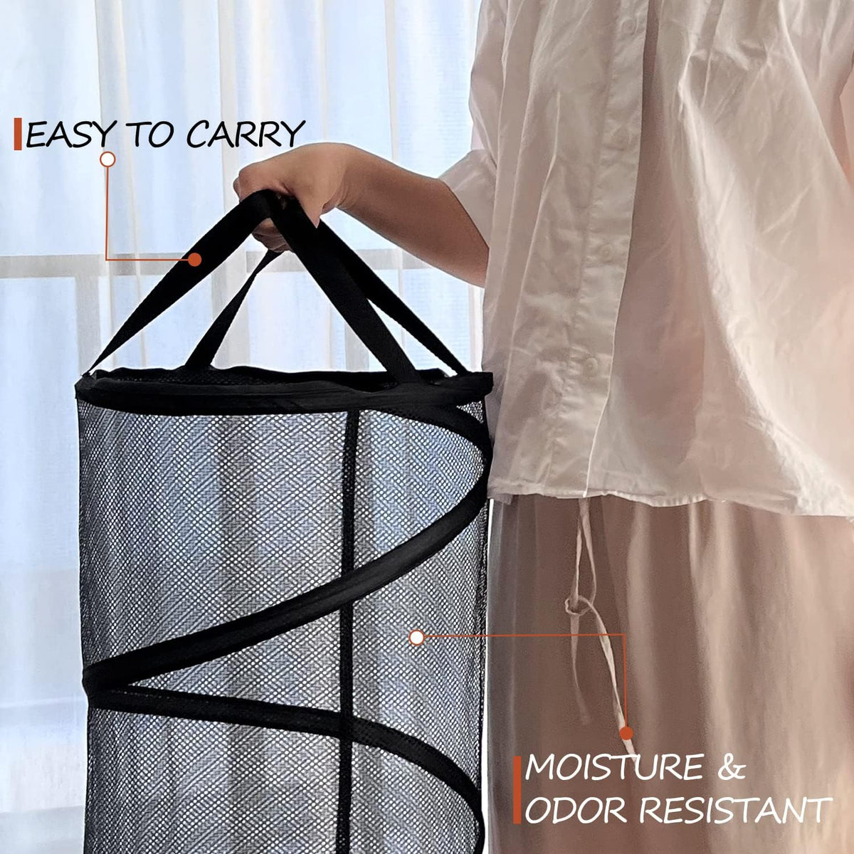 BATTOO Collapsible Laundry Basket Foldable Mesh Pop Up Hamper with Handles for Laundry Room, Bathroom, Kids Room, College Dorm, Travel, Storage Organizer Black