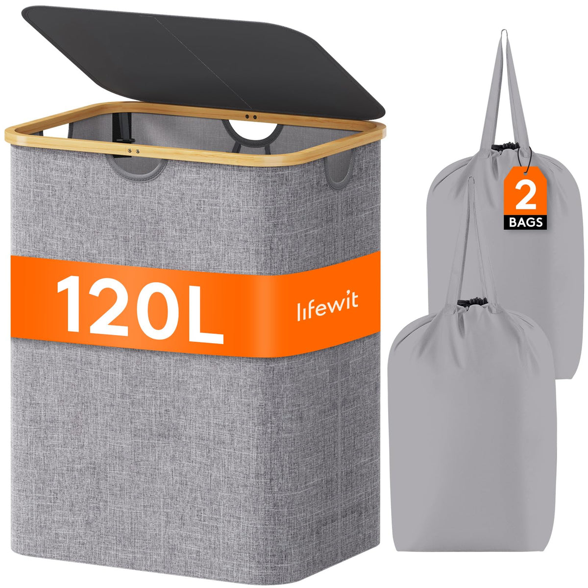 Lifewit 120L Large Laundry Basket with Lid, 2 Removable Bags, Beige