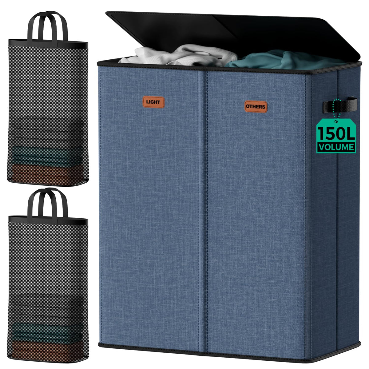 150L Double Laundry Hamper with Lid – 2-Section Clothes Hamper with Removable Bag for Bathroom, Bedroom, Laundry Room & Dorm