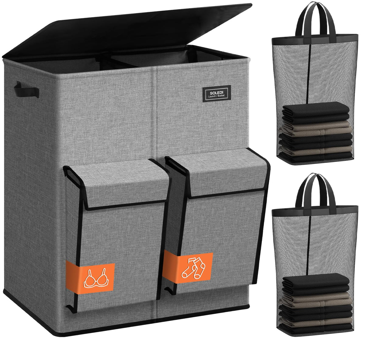 SOLEDI 180L Double Laundry Hamper with Lid and 2 Side Pockets, Dual Hamper