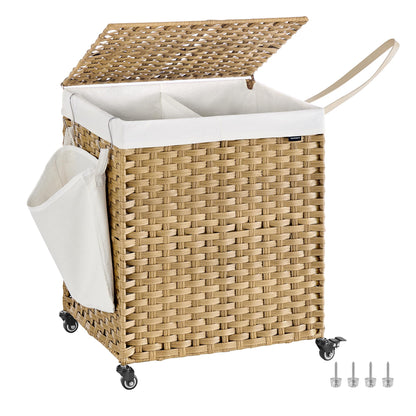 SONGMICS Rolling Laundry Hamper with Lid, 160 L 3-Section Synthetic Rattan