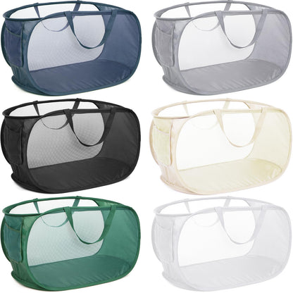 4 Pack Durable Collapsible Laundry Baskets, Mesh Foldable Laundry Basket, Pop Up Laundry Hamper with Pocket, Clothes Hamper with Reinforced Handles for Laundry, Bathroom, Kids Room, Dorm or Travel