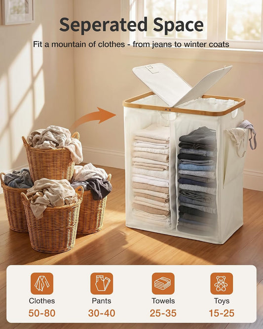 MIZATTO 140L Laundry Hamper with Lid, 2 Section Dirty Laundry Bin