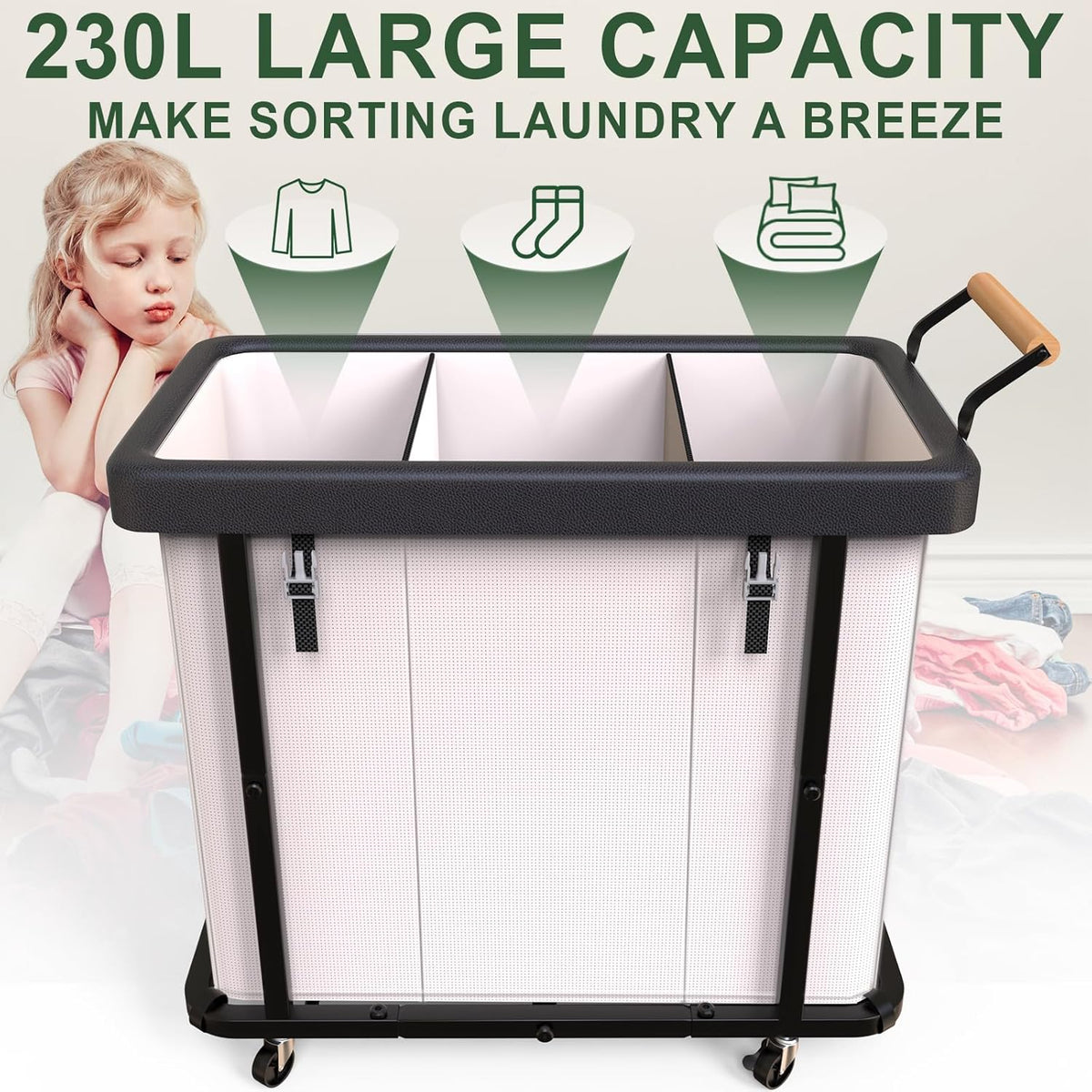 Laundry Hamper 3 Section,Rolling Laundry Basket with Wheels and Lid,White