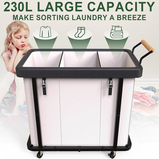 Laundry Hamper 3 Section,Rolling Laundry Basket with Wheels and Lid,White
