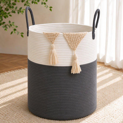 Large Laundry Hamper Basket, 85L Cotton Rope Woven Storage Bin for Blankets, Dirty Clothes Toys, Decorative Tall Basket with Leather Handles for Living Room, Bedroom, Bathroom, Nursery, Jute