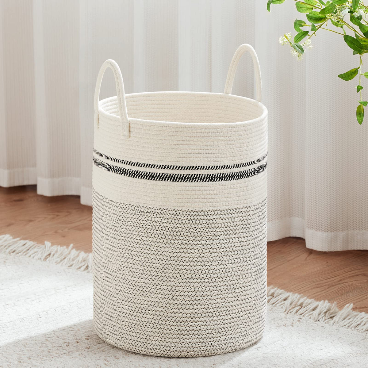 VIPOSCO 58L Tall Woven Laundry Basket Hamper, White Brown