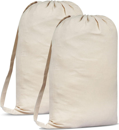 SweetNeedle Laundry Bag with Shoulder Strap, Pack of 2, 30 x 22 IN 40L - 100% Cotton, Highly durable, Draw-cord with cord-lock, Machine Wash and reusable Travel Bag - Natural