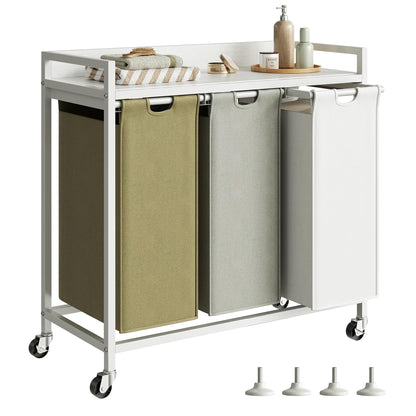 Herture Laundry Hamper with Shelf, Laundry Basket 4 Section, Laundry Sorter with Pull-Out Removable Large 4 Color Bags and Movable Wheels, Metal Frame, 4 x 15.87 Gallons (60L), Rustic Brown PF07XLN