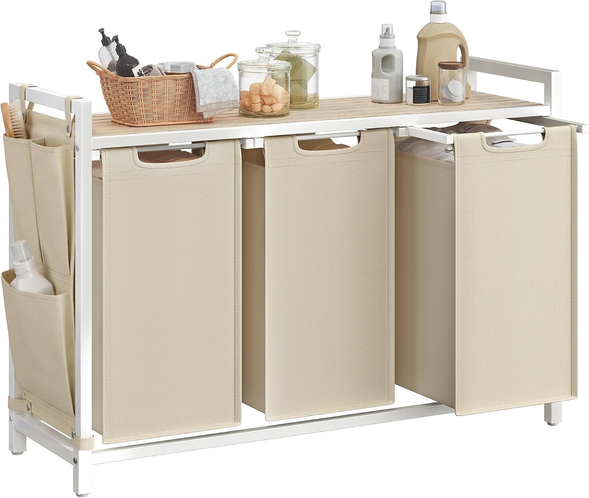 VASAGLE Laundry Hamper with Shelf, 3 Pull-Out Bags, 3 x 10.6 Gallons (40 L)