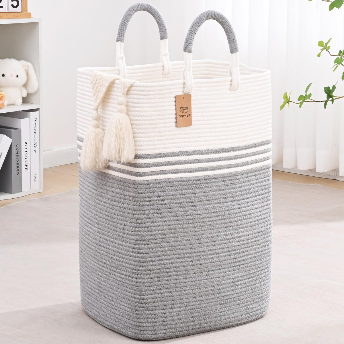 Laundry Basket Hamper,Blanket Storage,Dirty Clothes Hamper with Swivel Handles,Woven Cotton Rope Toy Baskets,Blanket Basket Living Room,Decorative Hampers for Nursery,Bedroom,White & Linen,60L