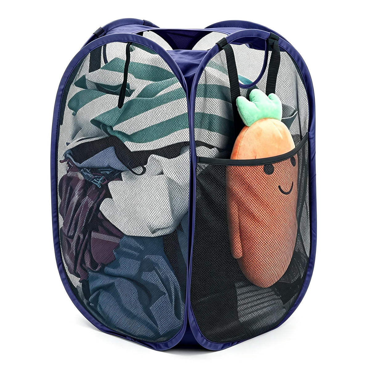 HOUSE AGAIN 2 Pack Strong Mesh Pop Up Laundry Hamper, 70L Collapsible Laundry Basket with Steel Frame, Double‑Stitched Handles & Side Pocket, Foldable Dirty Clothes Hamper for Dorm, Bedroom, Black