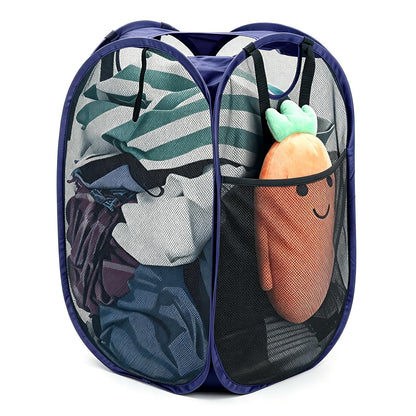 HOUSE AGAIN 2 Pack Strong Mesh Pop Up Laundry Hamper, 70L Collapsible Laundry Basket with Steel Frame, Double‑Stitched Handles & Side Pocket, Foldable Dirty Clothes Hamper for Dorm, Bedroom, Black