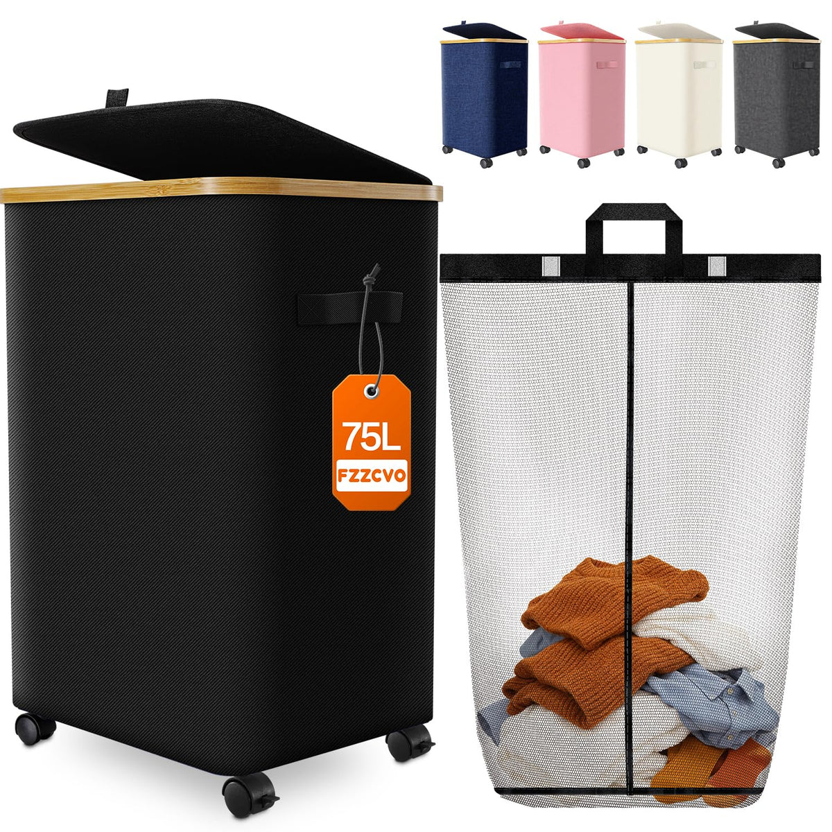 Double Laundry Basket with Wheels and Lid, 150L Clothes Hampers for Laundry