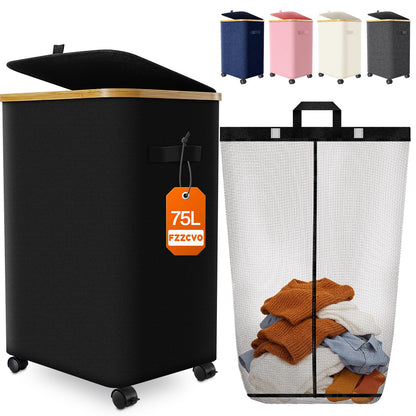 Double Laundry Basket with Wheels and Lid, 150L Clothes Hampers for Laundry