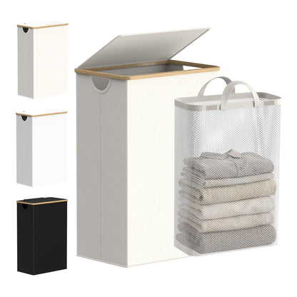 efluky Slim Laundry Hamper with Lid and Removable Bag, 75L Beige