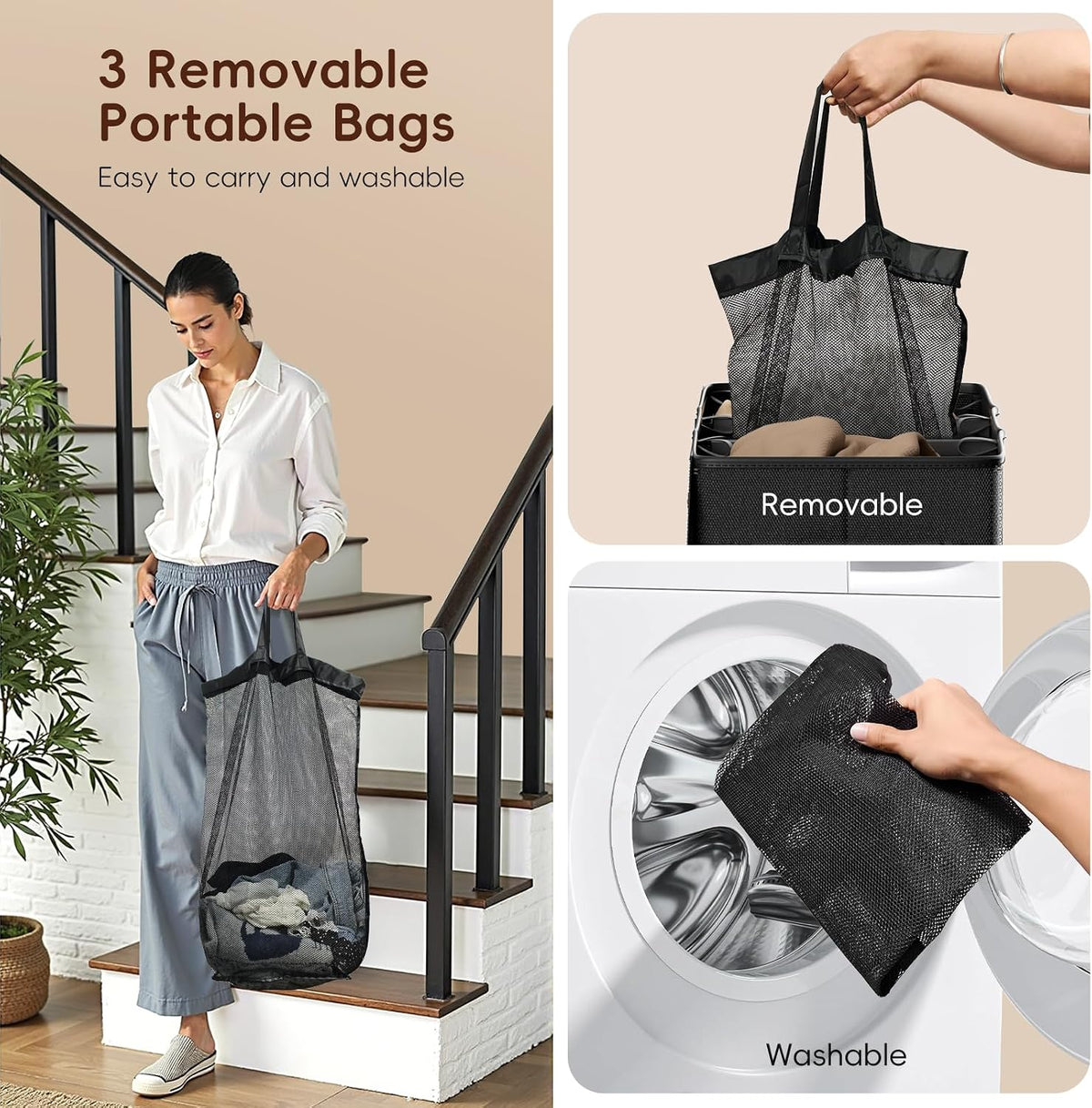 Laundry hamper 3 Section, XL Clothes Hamper with Lid & Inner Bag, Black