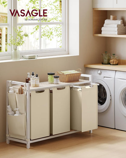 VASAGLE Laundry Hamper with Shelf, 3 Pull-Out Bags, 3 x 10.6 Gallons (40 L)