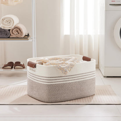 72L Large Woven Laundry Basket Hamper with Leather Handles,Brown