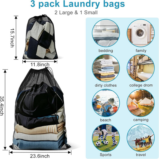 3 Pack Mesh Laundry Bags, 2 Large & 1 Small Breathable Mesh Laundry Bag, Drawstring & Tear Resistant Black Wash Bags for Home, Dorm, Travel & Camping