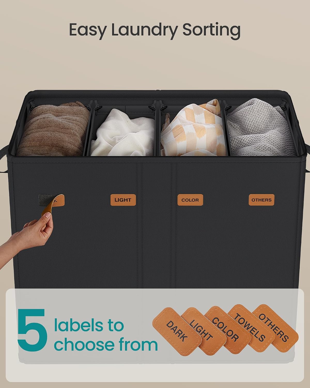 SONGMICS 210L Laundry Hamper, 4-Compartment Laundry Sorter with Lid