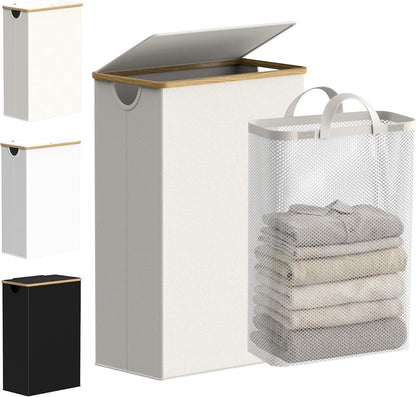 efluky Slim Laundry Hamper with Lid and Removable Bag, 75L Beige