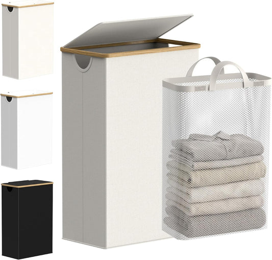 efluky Slim Laundry Hamper with Lid and Removable Bag, 75L Beige