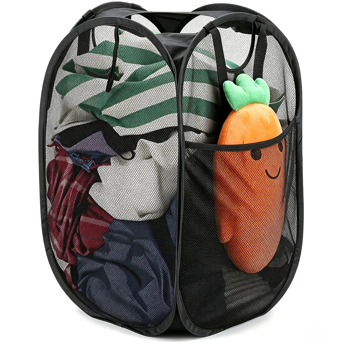 HOUSE AGAIN 2 Pack Strong Mesh Pop Up Laundry Hamper, 70L Collapsible Laundry Basket with Steel Frame, Double‑Stitched Handles & Side Pocket, Foldable Dirty Clothes Hamper for Dorm, Bedroom, Black