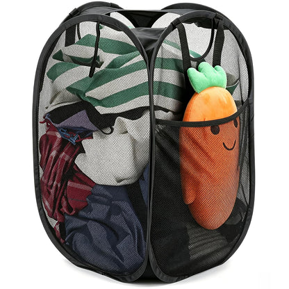 HOUSE AGAIN 2 Pack Strong Mesh Pop Up Laundry Hamper, 70L Collapsible Laundry Basket with Steel Frame, Double‑Stitched Handles & Side Pocket, Foldable Dirty Clothes Hamper for Dorm, Bedroom, Black