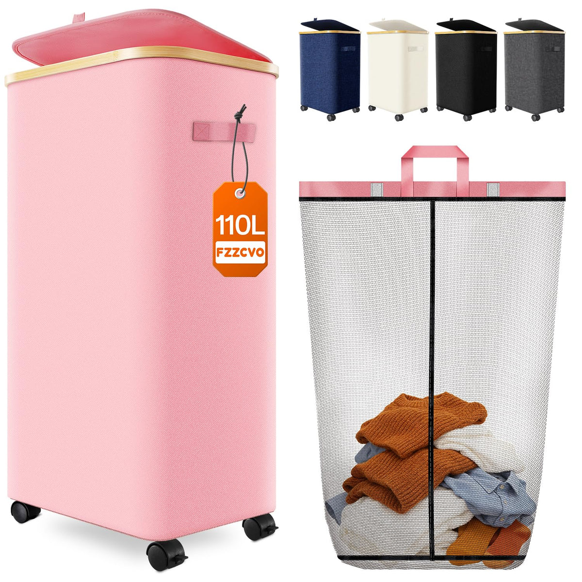 Double Laundry Basket with Wheels and Lid, 150L Clothes Hampers for Laundry