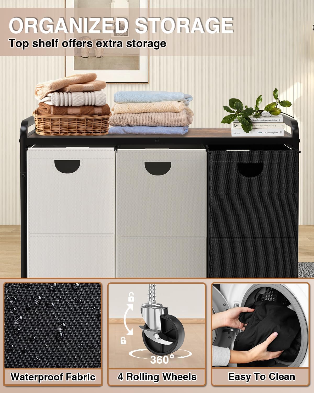 Laundry Sorter 3 Section,Laundry Basket with Wheels,3×15.8 Gal (60L)