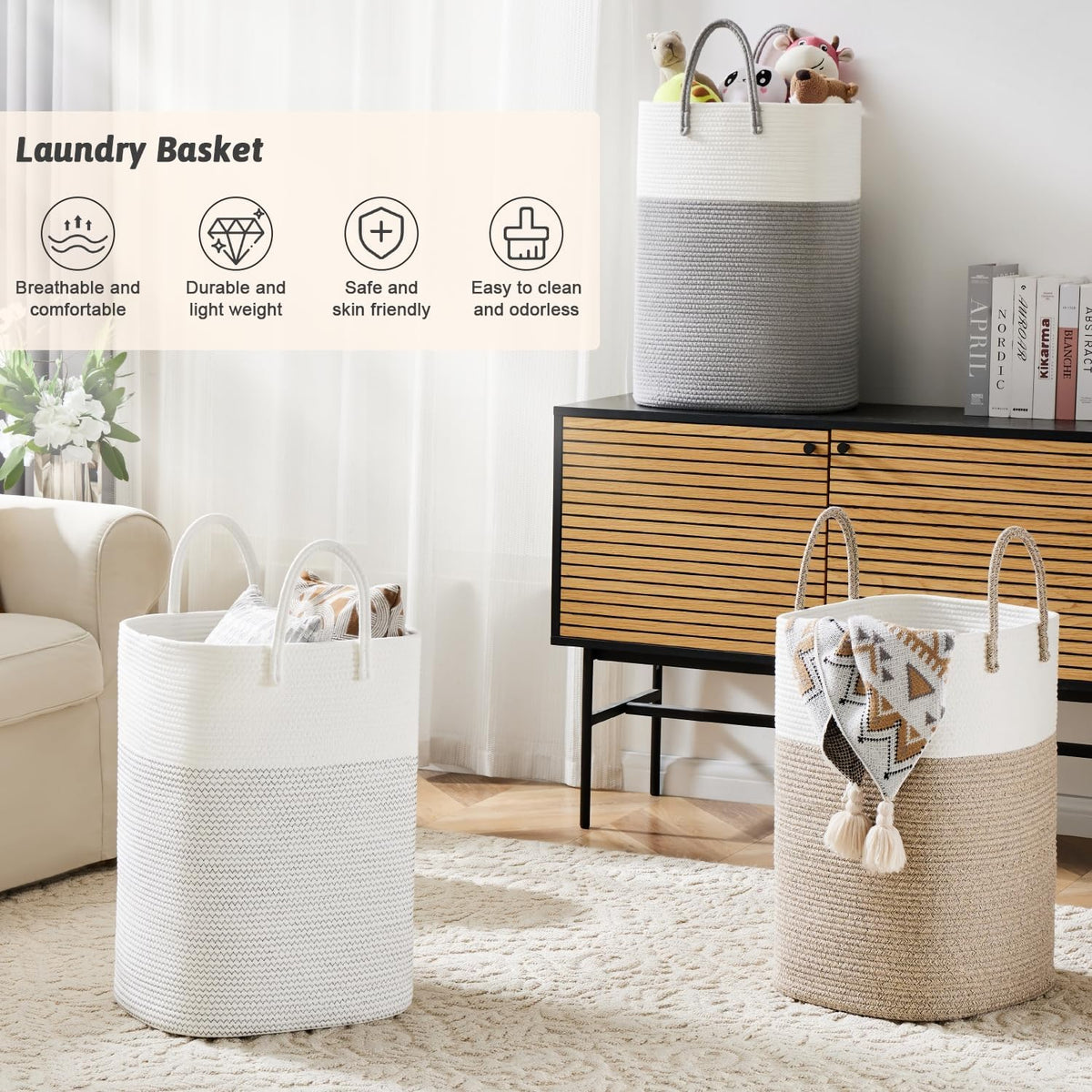 Laundry Basket,Woven Cotton Rope Laundry Hamper,Versatile Storage for Dirty Clothes,Baby Toys,and Blankets in Bathroom, Nursery,and Living Room (Brown, 60L)
